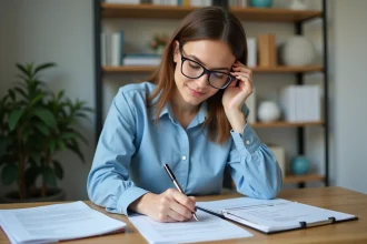 Jeune femme lisant et réécrivant un paragraphe dans un bureau lumineux
