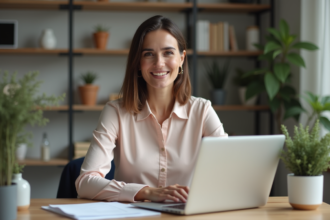 Femme confiante dans un bureau à domicile moderne