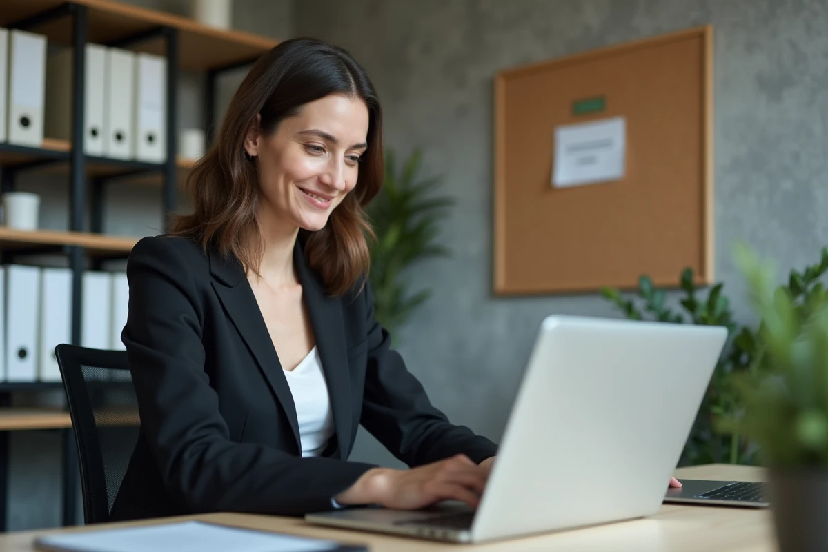 Femme en tenue professionnelle utilisant un ordinateur dans un bureau moderne