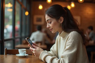 Jeune femme contemplant l'heure 1h11 sur son téléphone dans un café, réflexion sur la signification des nombres en flamme jumelle