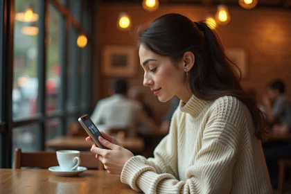 Jeune femme contemplant l'heure 1h11 sur son téléphone dans un café, réflexion sur la signification des nombres en flamme jumelle