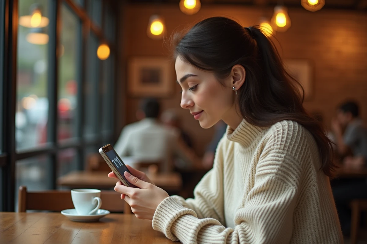 Jeune femme contemplant l'heure 1h11 sur son téléphone dans un café, réflexion sur la signification des nombres en flamme jumelle