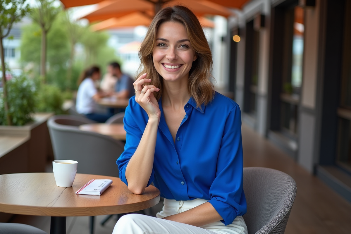 Femme en blouse bleue assise au café en extérieur