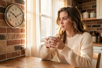 Femme tenant une tasse de café le matin avec une horloge affichant 7h15 AM au mur — illustrant la notion d'AM en anglais