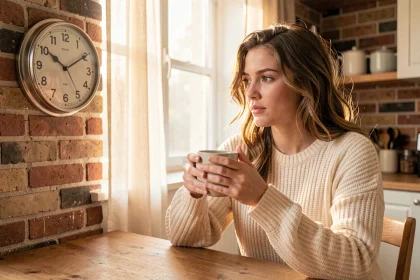 Femme tenant une tasse de café le matin avec une horloge affichant 7h15 AM au mur — illustrant la notion d'AM en anglais