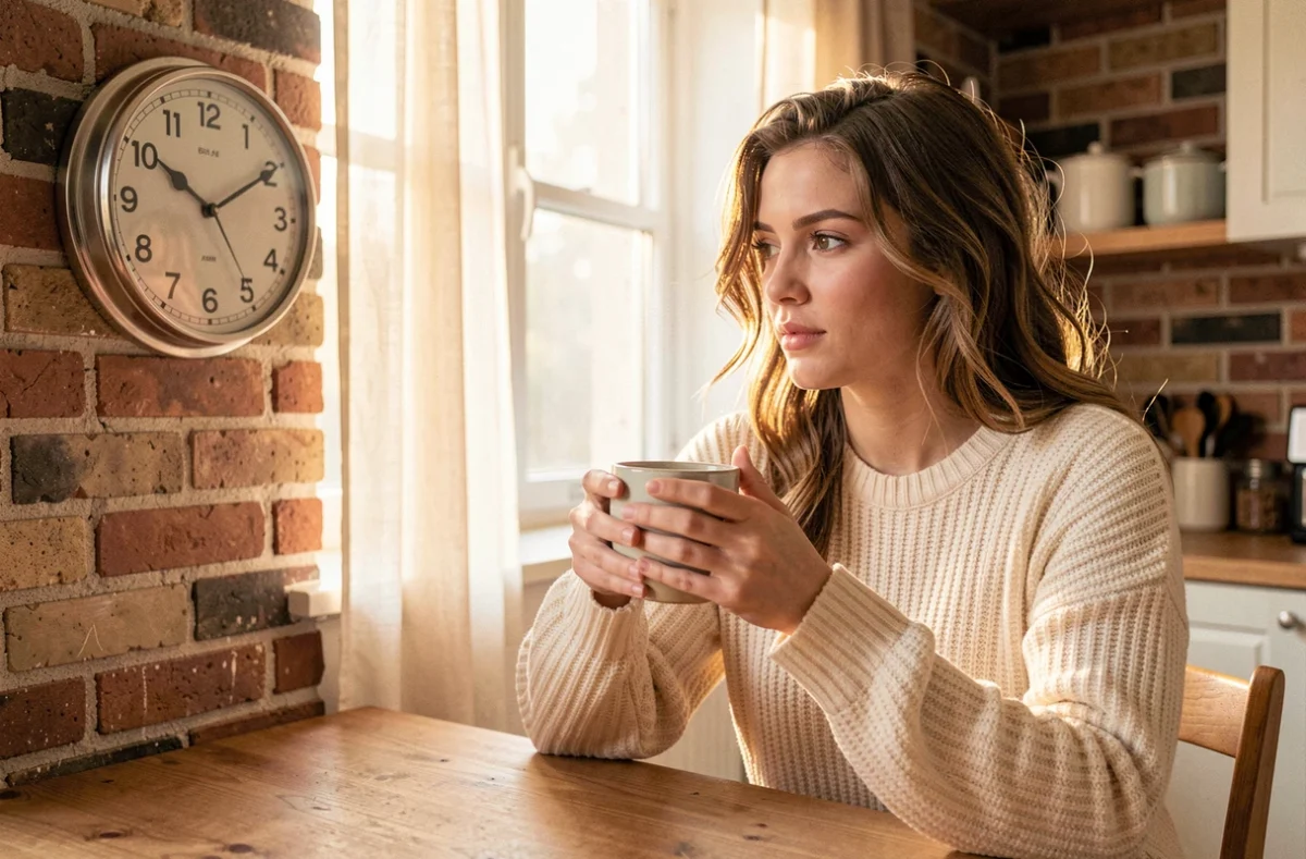 Femme tenant une tasse de café le matin avec une horloge affichant 7h15 AM au mur — illustrant la notion d'AM en anglais