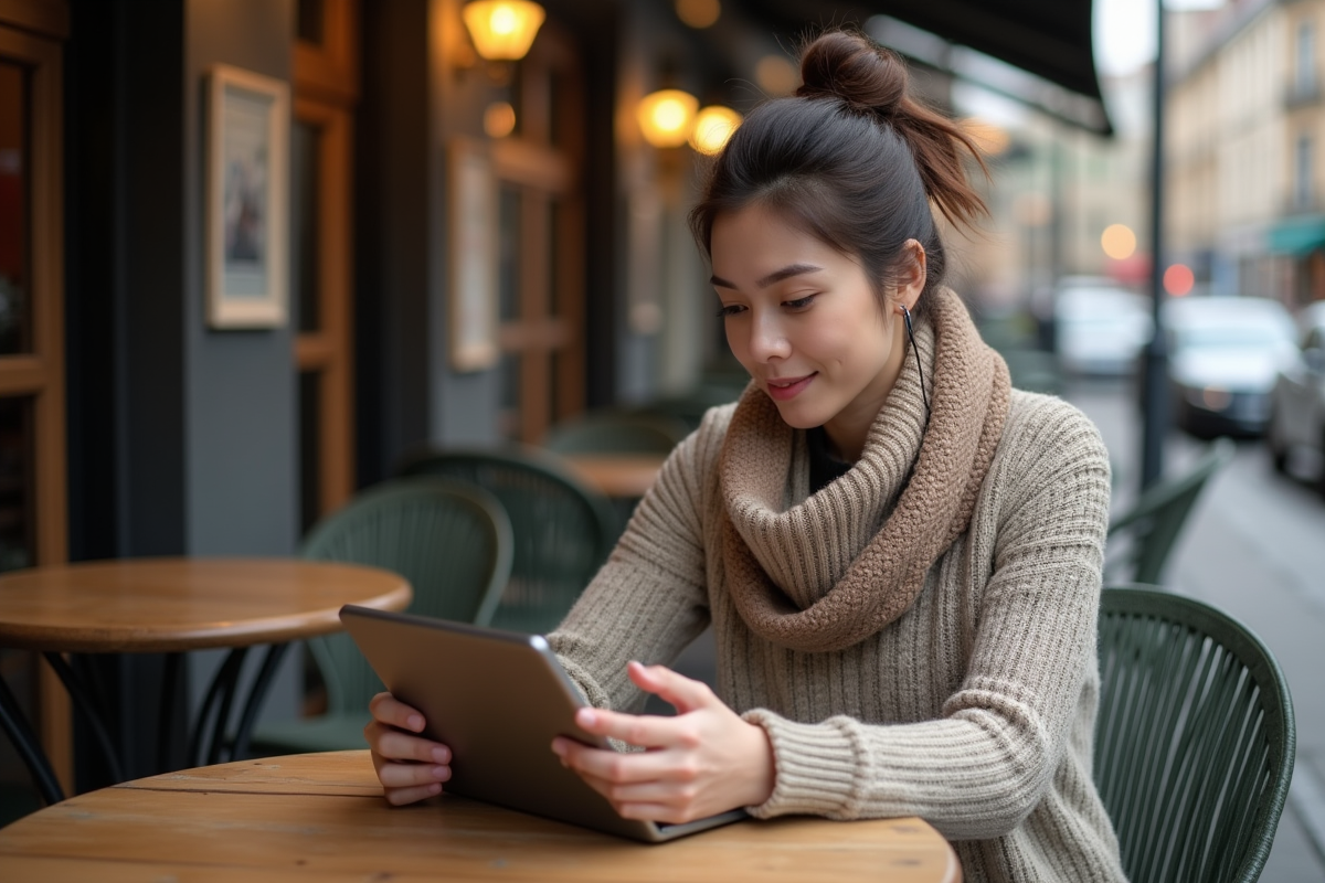 Jeune femme avec tablette dans un café cosy