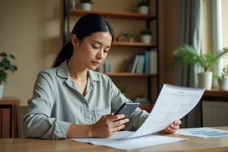 Femme consultant un calendrier imprimé et son smartphone pour calculer les jours depuis une naissance