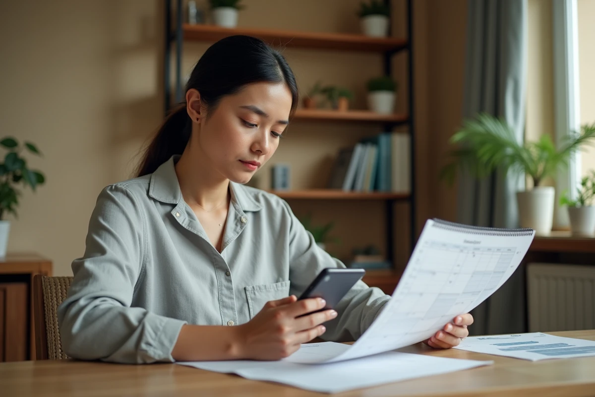 Femme consultant un calendrier imprimé et son smartphone pour calculer les jours depuis une naissance