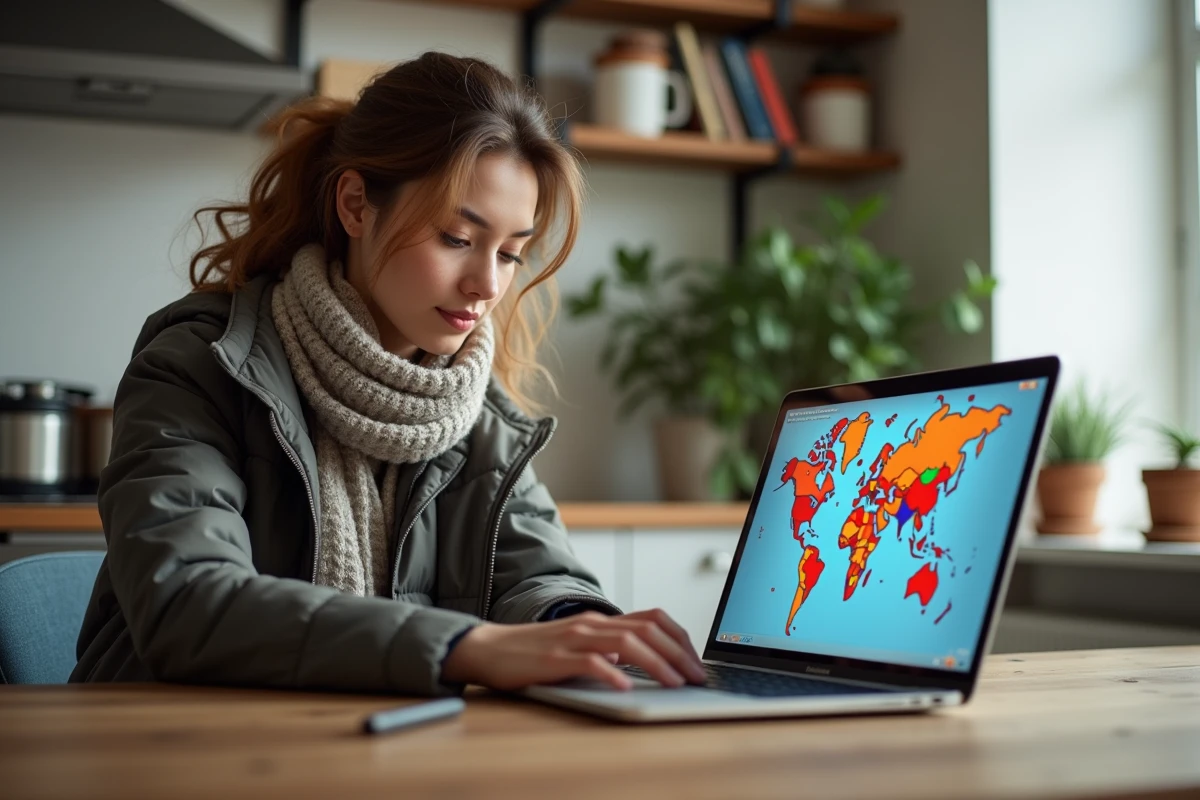 Jeune femme avec ordinateur et carte du monde