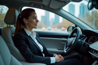 Femme d affaires dans une voiture moderne et futuriste