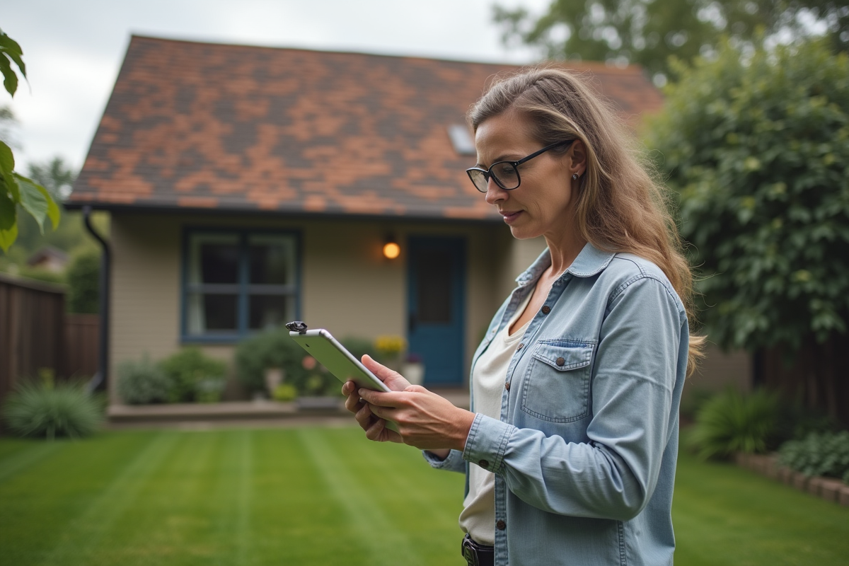 Femme vérifiant une facture de toiture avec une tablette dans son jardin