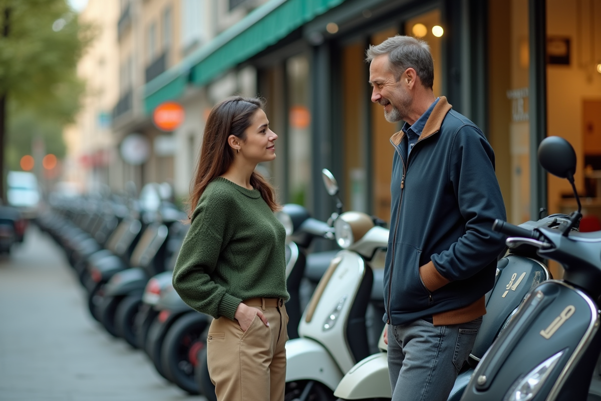 Jeune femme discutant avec un vendeur devant des scooters en ville