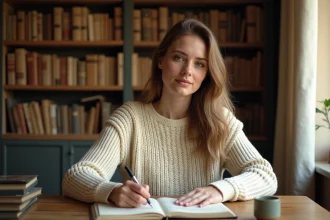 Jeune femme écrivant un poème d'amour dans un carnet avec une plume vintage, assise à un bureau en bois rustique entouré de livres