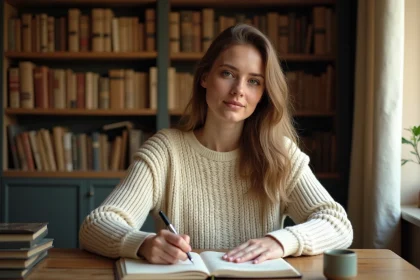 Jeune femme écrivant un poème d'amour dans un carnet avec une plume vintage, assise à un bureau en bois rustique entouré de livres