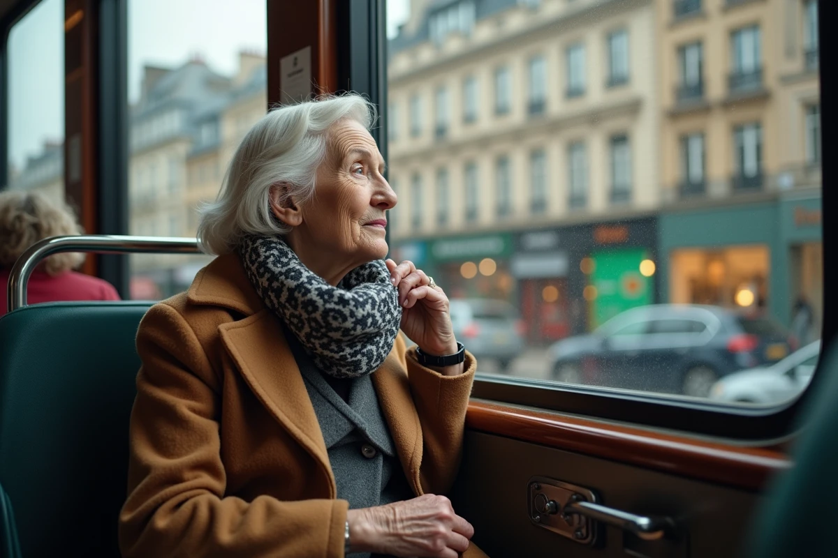 Femme âgée regardant par la fenêtre du tram à Paris