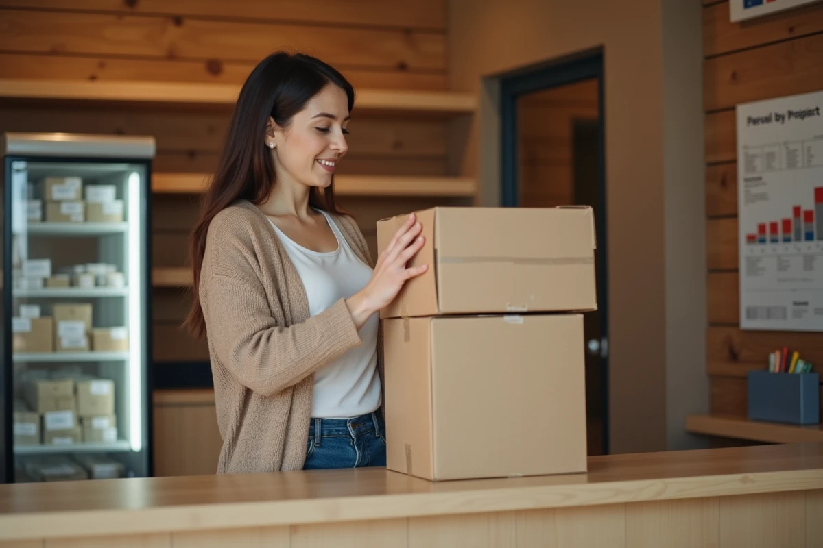 Femme déposant un colis dans un relais colis intérieur