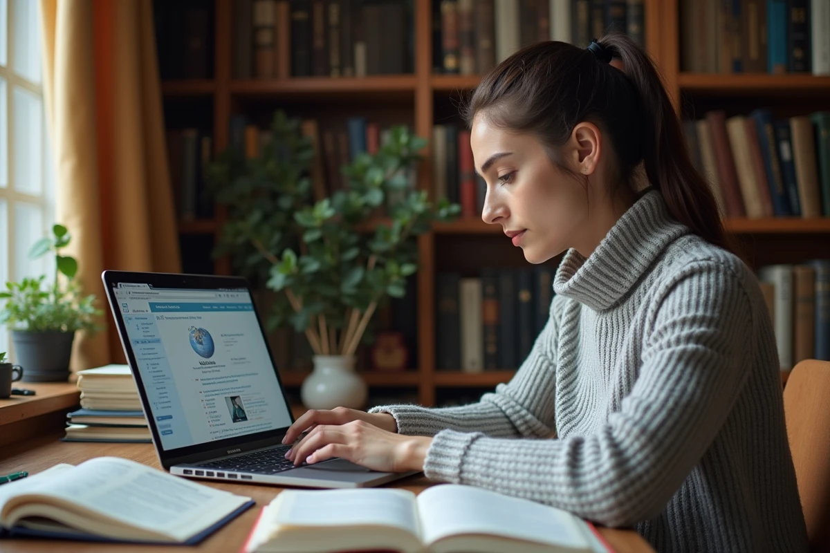 Femme concentrée consultant une encyclopédie collaborative en ligne sur son ordinateur portable entouré de livres de référence