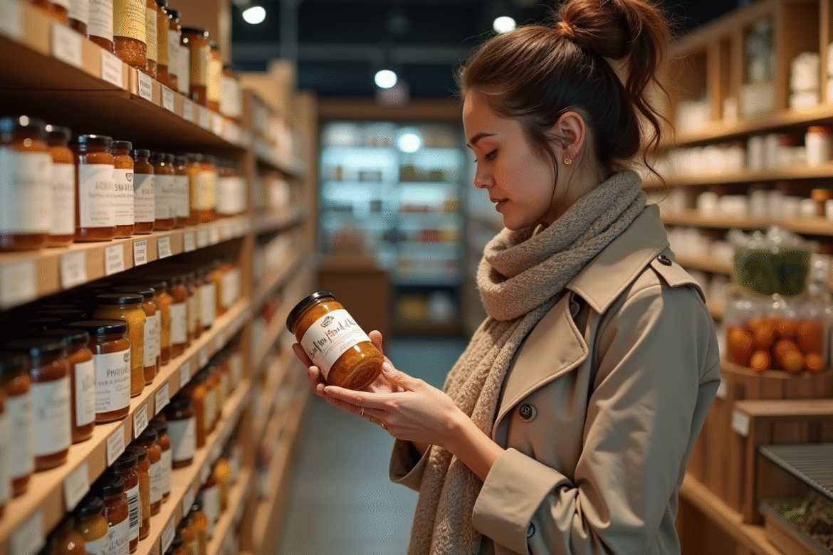Femme examinant une étiquette de pot artisanal en épicerie