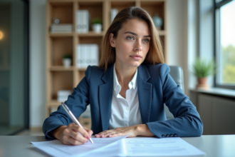 Jeune femme en blazer bleu examine des documents financiers