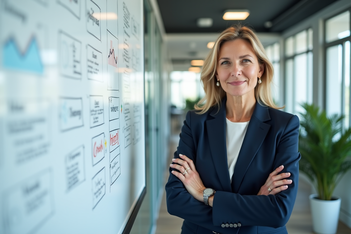 Femme cadre en réunion avec tableau de stratégies