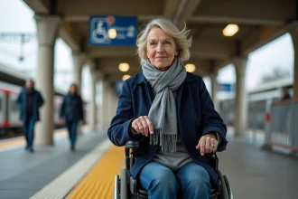 Femme en fauteuil roulant électrique sur le quai accessible d'une gare RER en Île-de-France avec bandes de guidage podotactiles