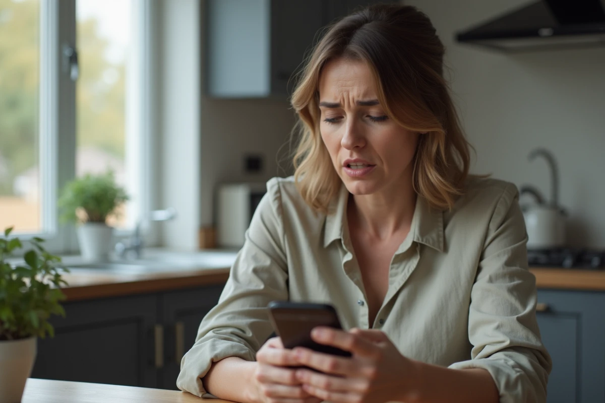 Femme inquiète avec smartphone dans une cuisine moderne