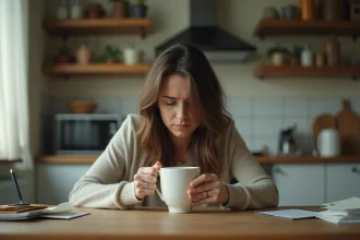 Femme épuisée assise seule à une table de cuisine, illustrant l'impact émotionnel de la violence psychologique dans un couple toxique