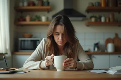 Femme épuisée assise seule à une table de cuisine, illustrant l'impact émotionnel de la violence psychologique dans un couple toxique