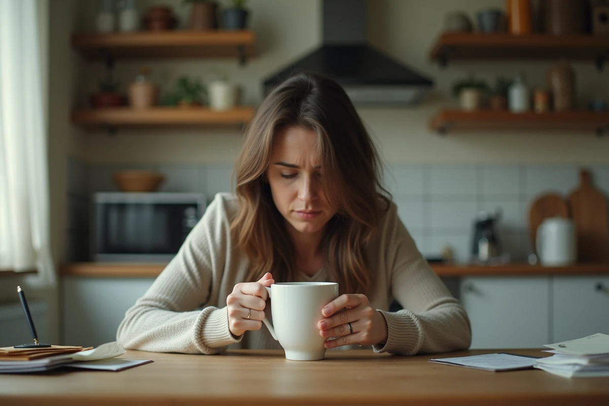 Femme épuisée assise seule à une table de cuisine, illustrant l'impact émotionnel de la violence psychologique dans un couple toxique
