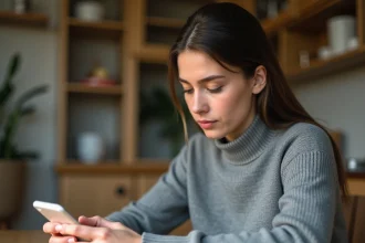 Femme jouant à 4 Images 1 Mot sur smartphone, cherchant la réponse à un mot de 9 lettres