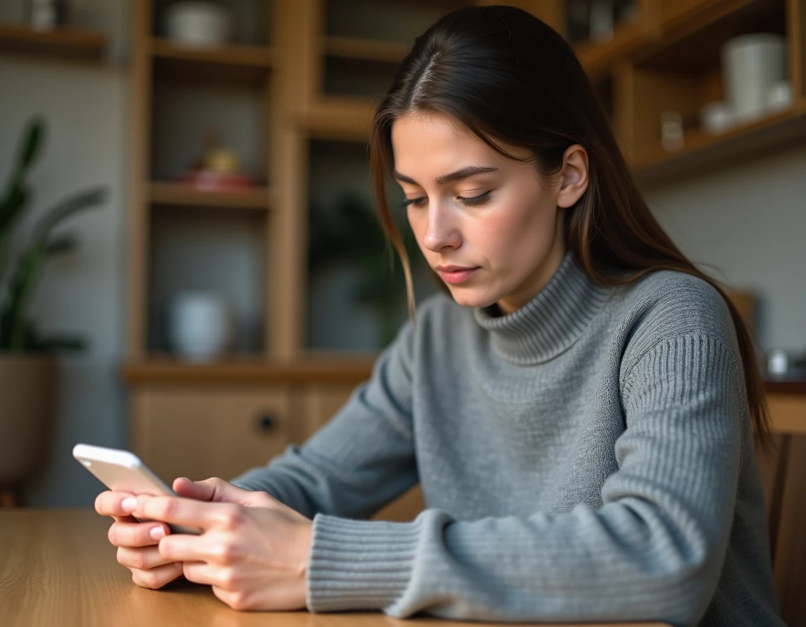 Femme jouant à 4 Images 1 Mot sur smartphone, cherchant la réponse à un mot de 9 lettres