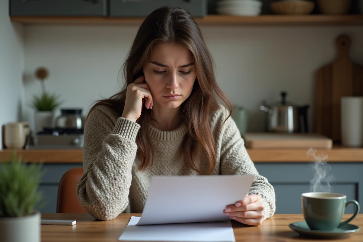 Jeune femme lit un document dans sa cuisine chaleureuse