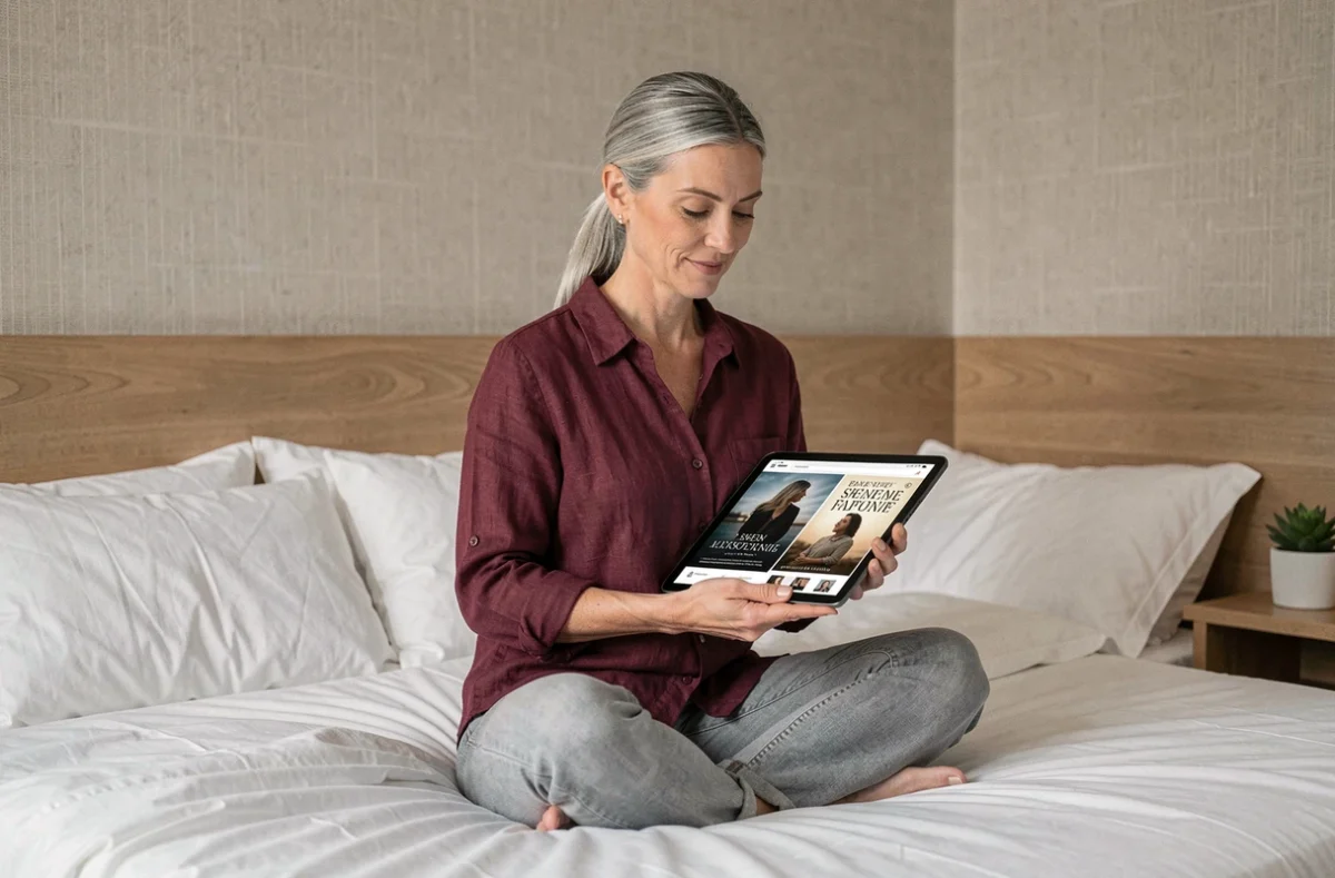 Femme d'une quarantaine d'années lisant un roman romantique numérique sur tablette, assise sur un lit dans une chambre scandinave épurée