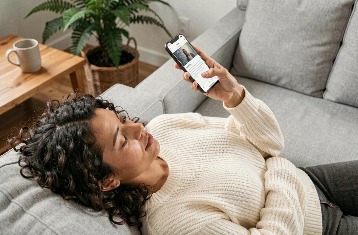 Femme lisant un roman romantique sur smartphone via l'application 1001ebooks, allongée sur un canapé gris dans un salon cosy