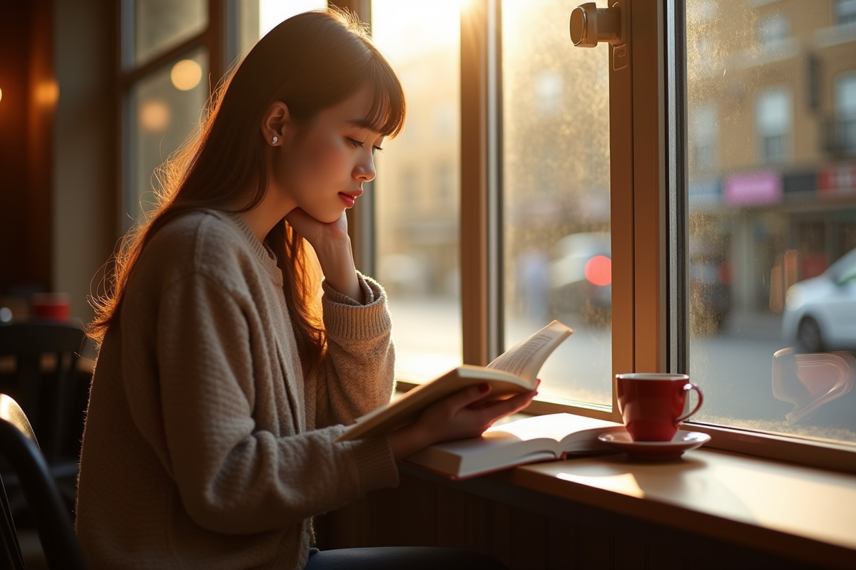 Jeune femme lisant dans un cafe chaleureux ensoleille
