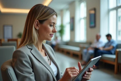 Femme d'âge moyen examinant des images médicales sur une tablette