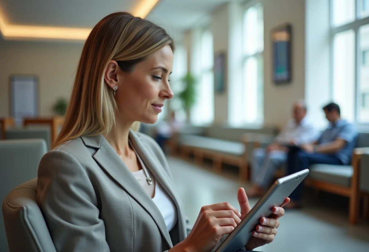 Femme d'âge moyen examinant des images médicales sur une tablette