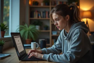 Jeune femme regardant un ordinateur avec une alerte suspecte