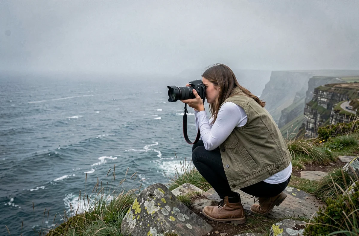 Jeune femme photographe accroupie sur une falaise côtière brumeuse pour capturer un paysage marin