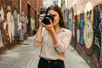 Femme photographe professionnelle tenant un appareil photo dans une ruelle urbaine avec des murs en briques