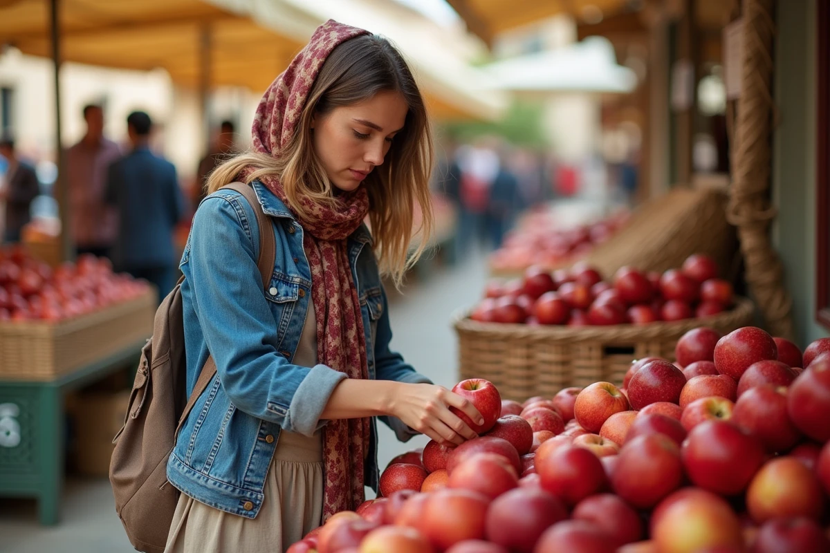 Jeune femme choisissant des pommes au marché d