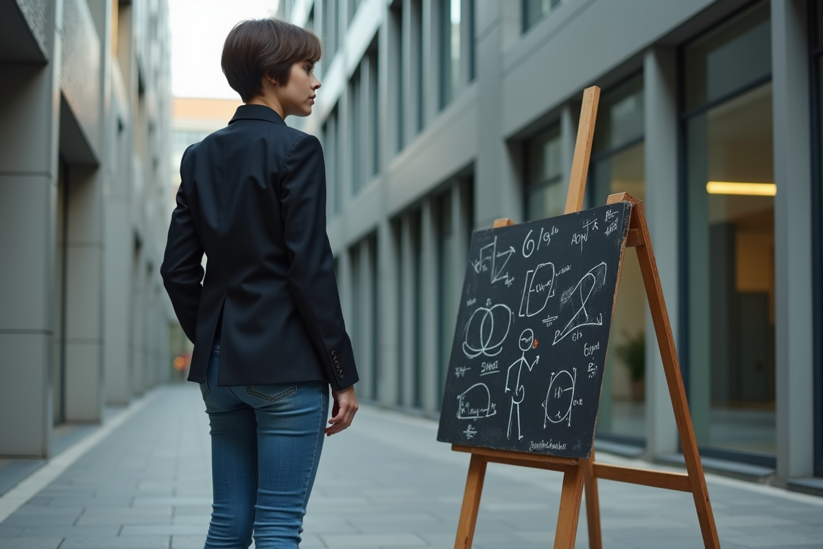 Jeune femme contemplant des équations quantiques en extérieur