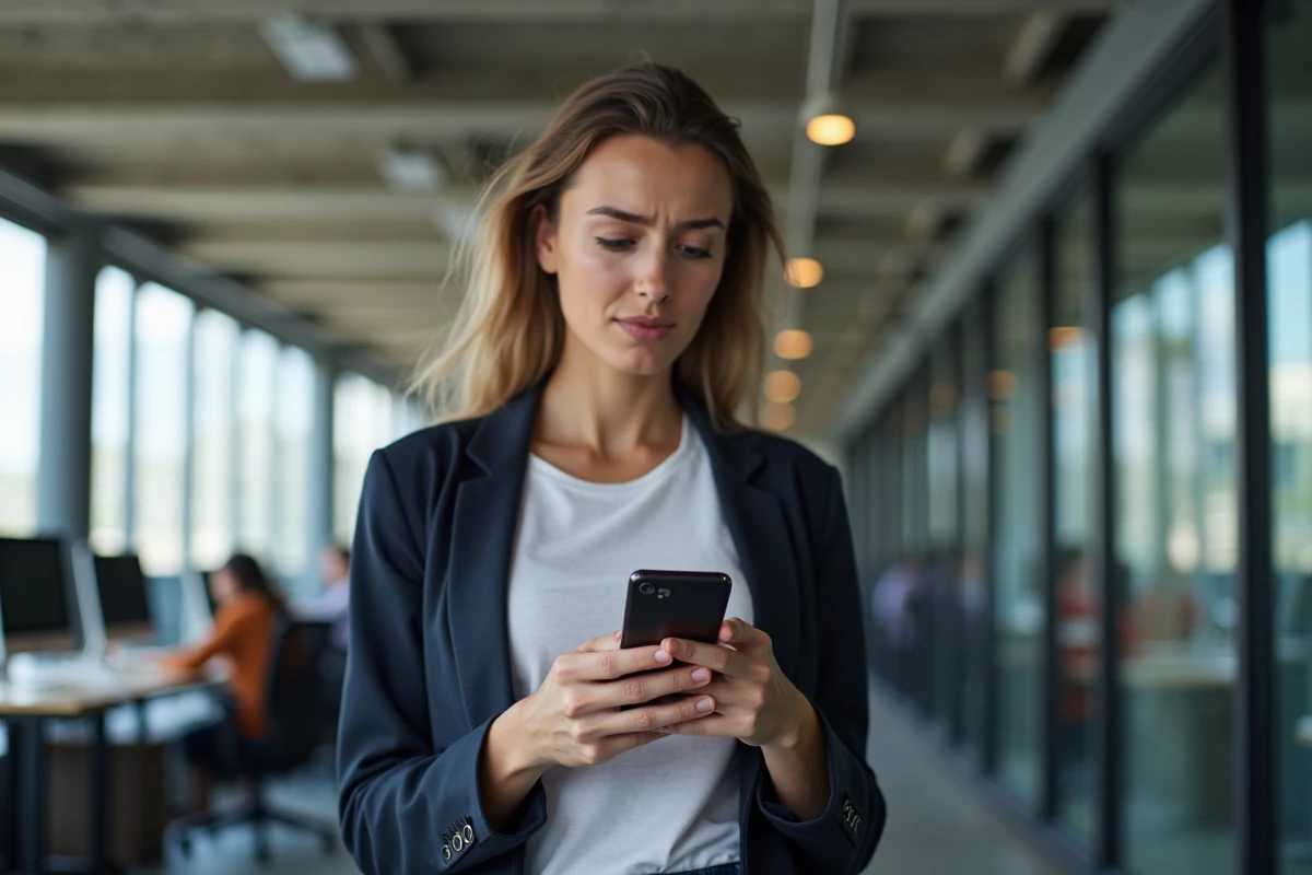 Une femme consultant son smartphone à la recherche d'un lien dans un espace de coworking moderne