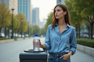 Femme avec bouteille recyclable devant station de tri en ville