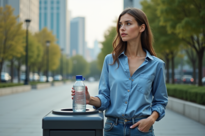 Femme avec bouteille recyclable devant station de tri en ville