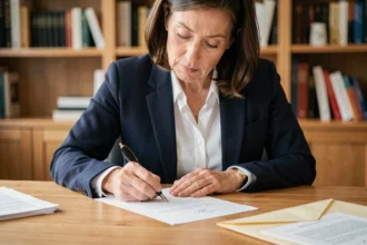 Femme professionnelle rédigeant une lettre formelle destinée à un notaire avec un stylo plume à son bureau