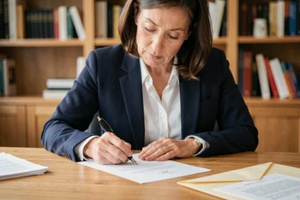 Femme professionnelle rédigeant une lettre formelle destinée à un notaire avec un stylo plume à son bureau