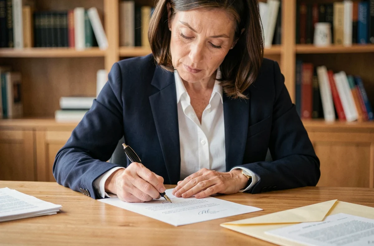 Femme professionnelle rédigeant une lettre formelle destinée à un notaire avec un stylo plume à son bureau