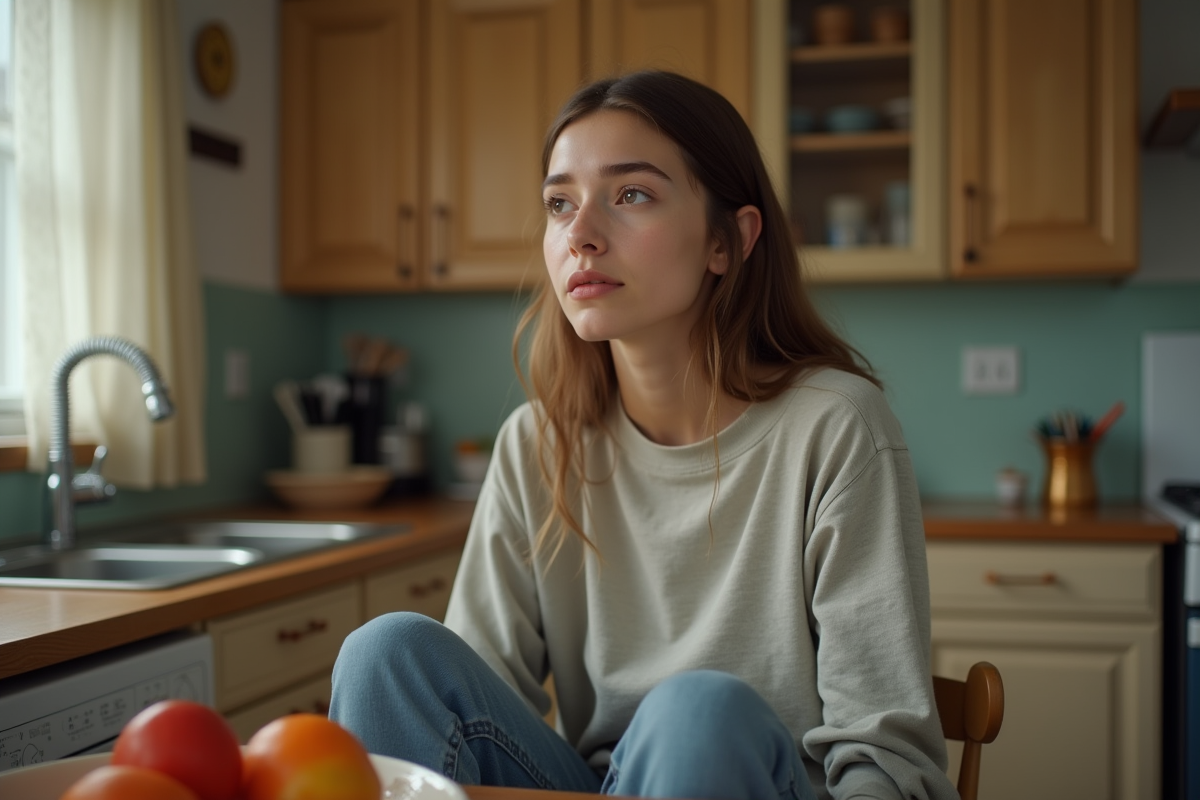 Jeune femme pensant dans une cuisine modeste